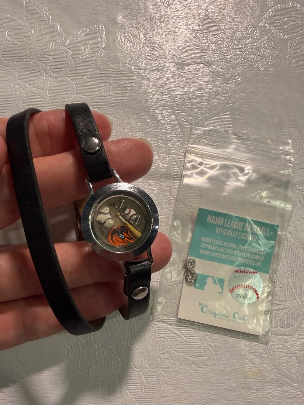 Origami Owl Black Leather Wrap Charm Watch with Baseball-Themed Locket
